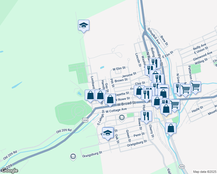 map of restaurants, bars, coffee shops, grocery stores, and more near 203 Gay Street in Tamaqua