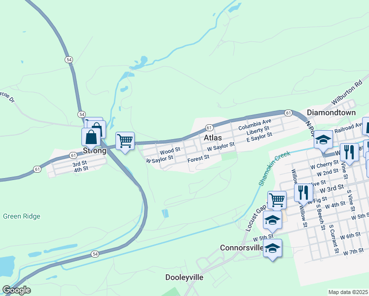 map of restaurants, bars, coffee shops, grocery stores, and more near Wood Street in Northumberland County
