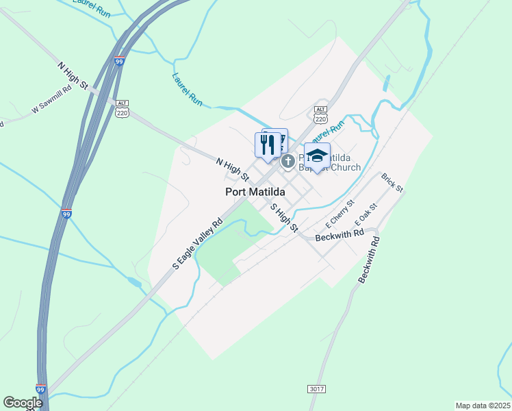map of restaurants, bars, coffee shops, grocery stores, and more near 110 South High Street in Port Matilda