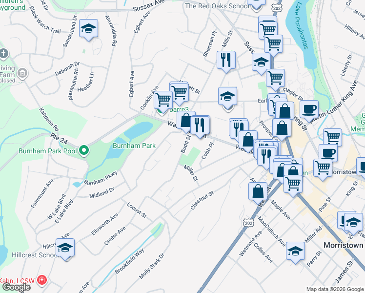 map of restaurants, bars, coffee shops, grocery stores, and more near 17 Budd Street in Morristown