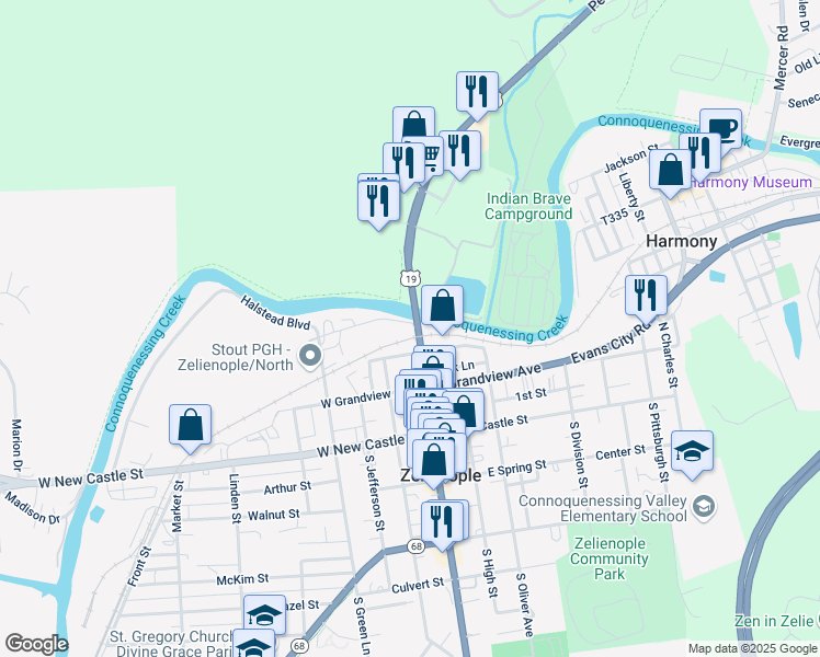map of restaurants, bars, coffee shops, grocery stores, and more near 300 North Main Street in Zelienople