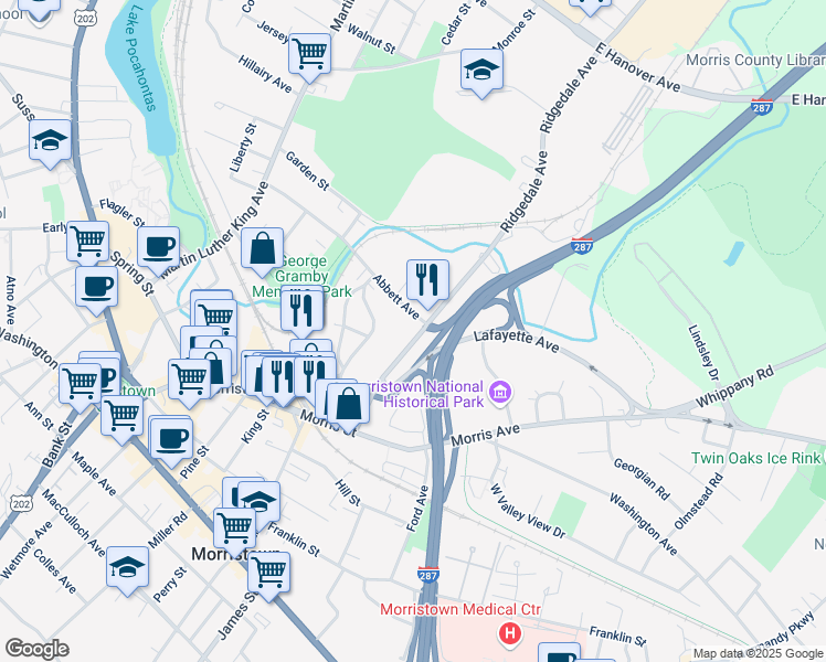 map of restaurants, bars, coffee shops, grocery stores, and more near 48 Ridgedale Avenue in Morristown