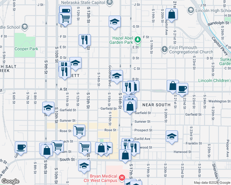 map of restaurants, bars, coffee shops, grocery stores, and more near 1524 Washington Street in Lincoln