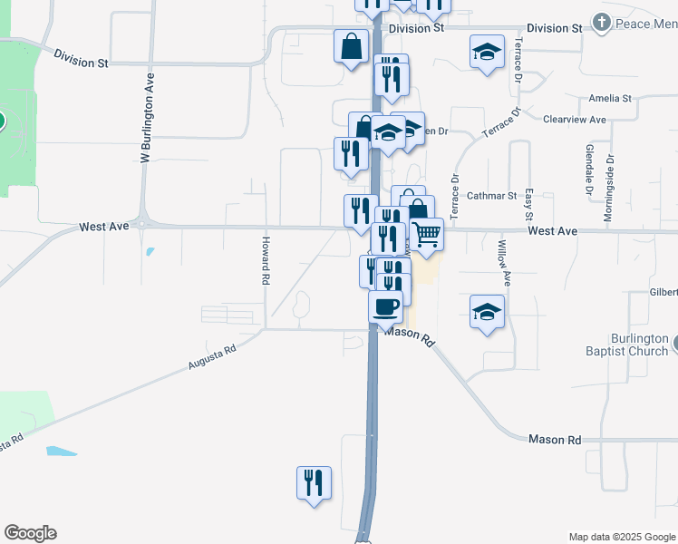 map of restaurants, bars, coffee shops, grocery stores, and more near 3301 Sterling Drive in Burlington