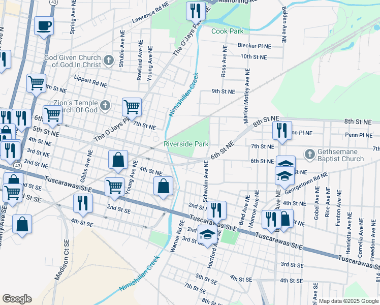 map of restaurants, bars, coffee shops, grocery stores, and more near 551 Warner Road Northeast in Canton