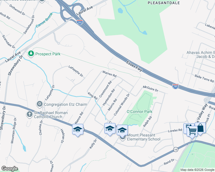 map of restaurants, bars, coffee shops, grocery stores, and more near 46 Hunterdon Road in West Orange