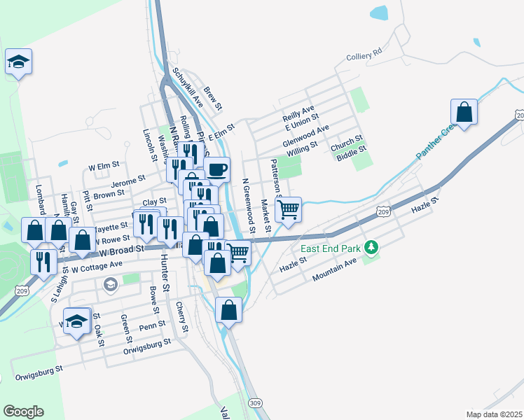 map of restaurants, bars, coffee shops, grocery stores, and more near 40 Market Street in Tamaqua