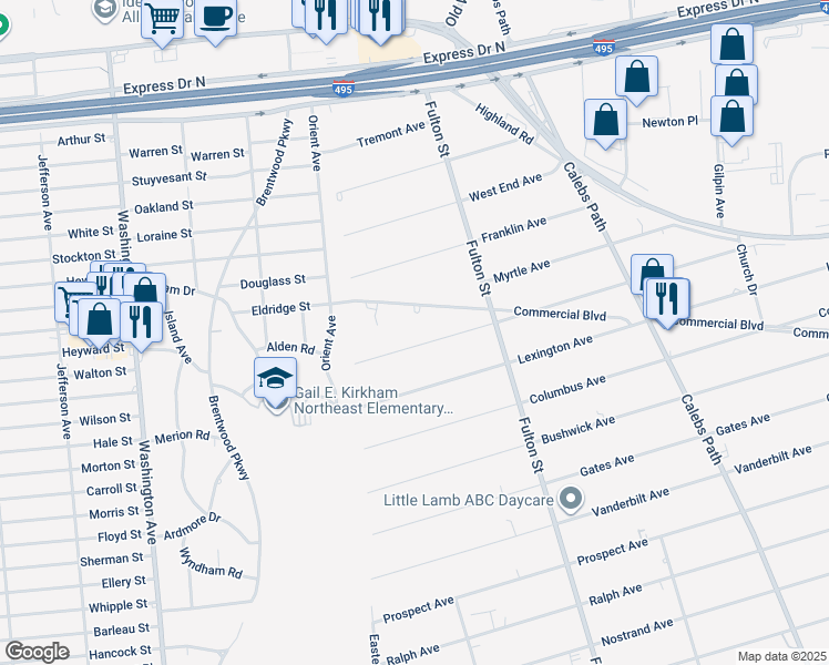 map of restaurants, bars, coffee shops, grocery stores, and more near 9 Ridgewood Avenue in Brentwood