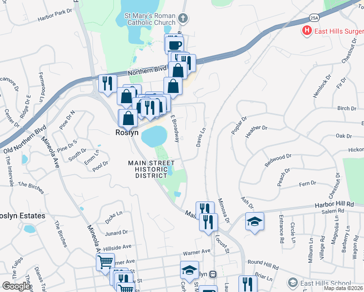 map of restaurants, bars, coffee shops, grocery stores, and more near 3 Davis Lane in Roslyn