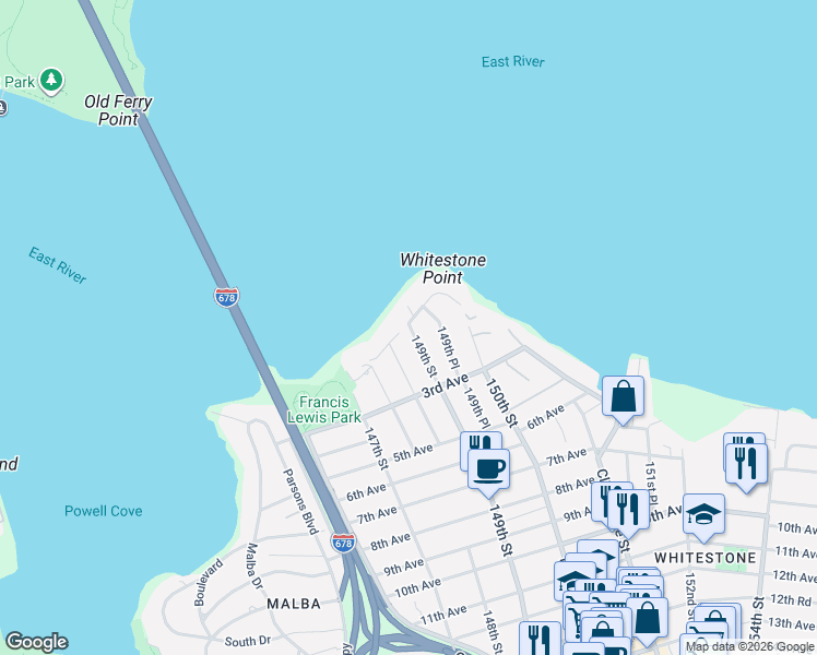 map of restaurants, bars, coffee shops, grocery stores, and more near 2-16 149th Street in Queens