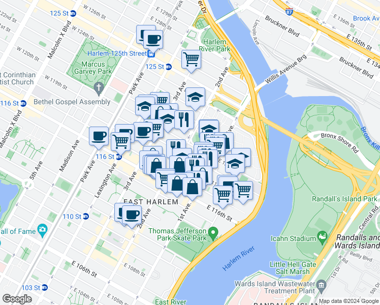 map of restaurants, bars, coffee shops, grocery stores, and more near 333 East 119th Street in New York