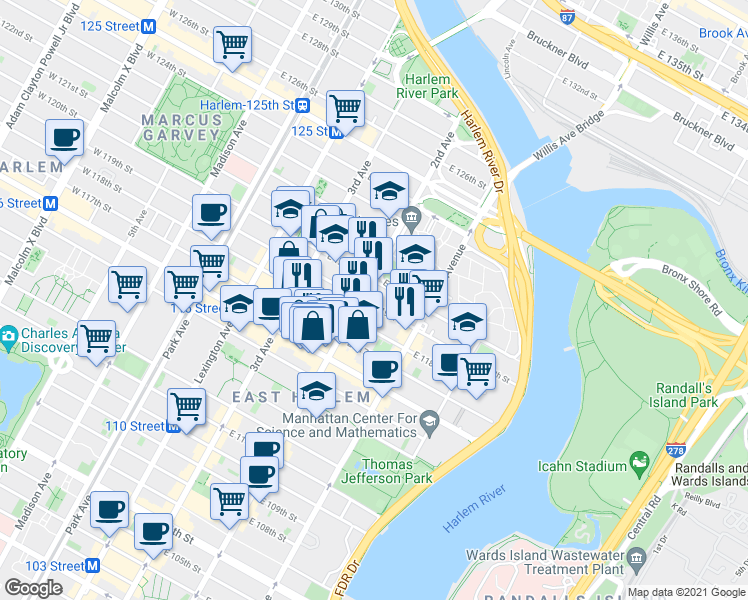 map of restaurants, bars, coffee shops, grocery stores, and more near in New York