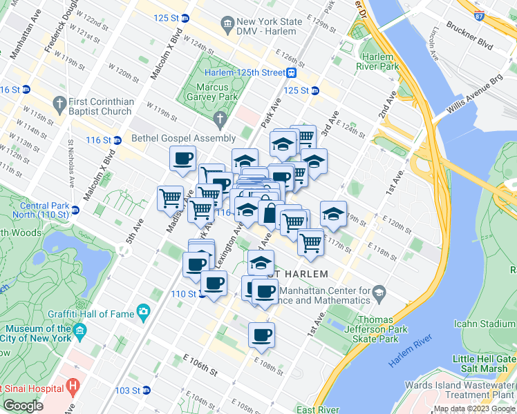 map of restaurants, bars, coffee shops, grocery stores, and more near in New York