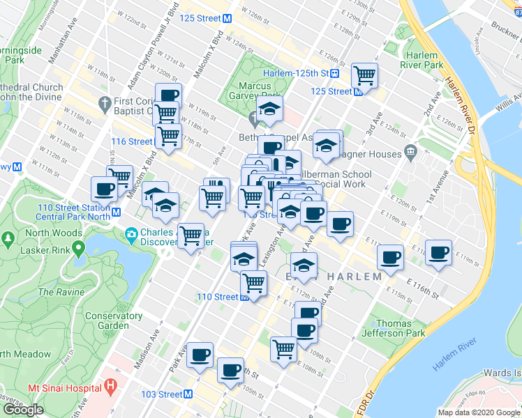 map of restaurants, bars, coffee shops, grocery stores, and more near in New York