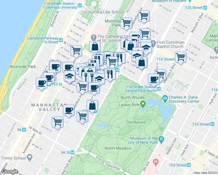 map of restaurants, bars, coffee shops, grocery stores, and more near 397 Central Park West in New York