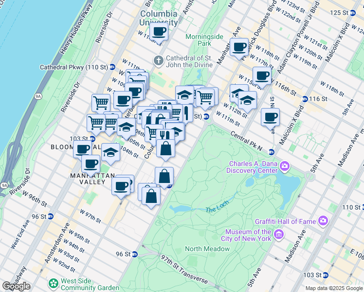 map of restaurants, bars, coffee shops, grocery stores, and more near 461 Central Park West in New York