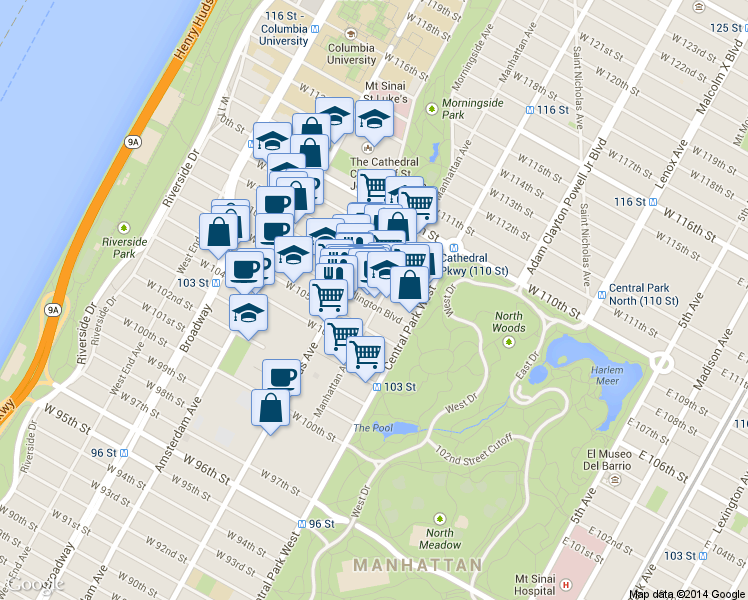 map of restaurants, bars, coffee shops, grocery stores, and more near 143-147 West 106th Street in New York