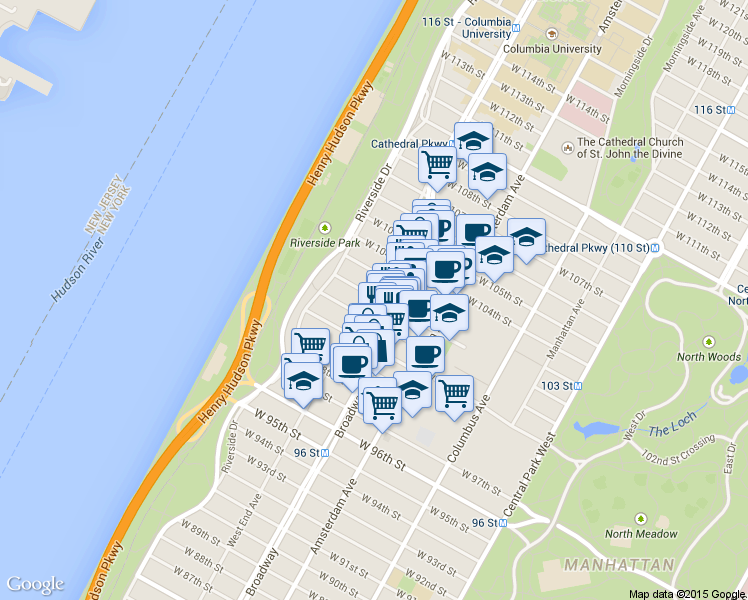 map of restaurants, bars, coffee shops, grocery stores, and more near in New York