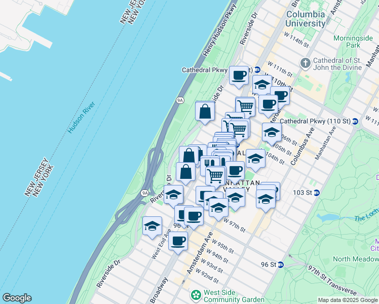 map of restaurants, bars, coffee shops, grocery stores, and more near 325 West 100th Street in New York
