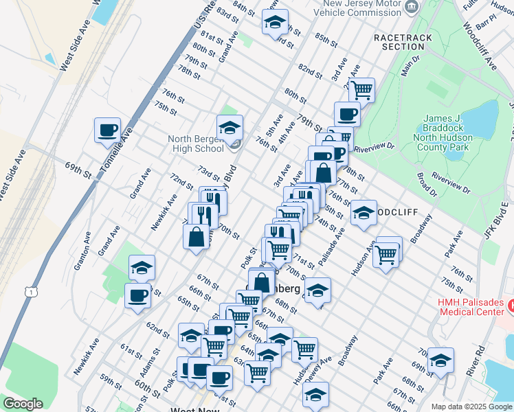 map of restaurants, bars, coffee shops, grocery stores, and more near 7106 Adams Street in North Bergen
