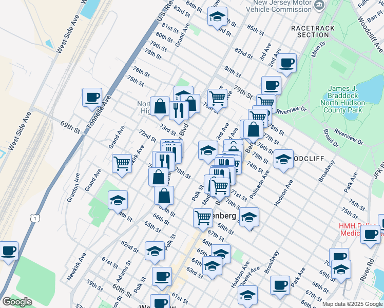 map of restaurants, bars, coffee shops, grocery stores, and more near 7106 Adams Street in North Bergen