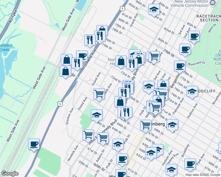 map of restaurants, bars, coffee shops, grocery stores, and more near 1306 70th Street in North Bergen