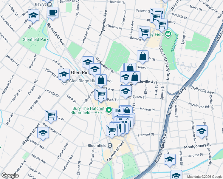 map of restaurants, bars, coffee shops, grocery stores, and more near 38 Park Avenue in Bloomfield