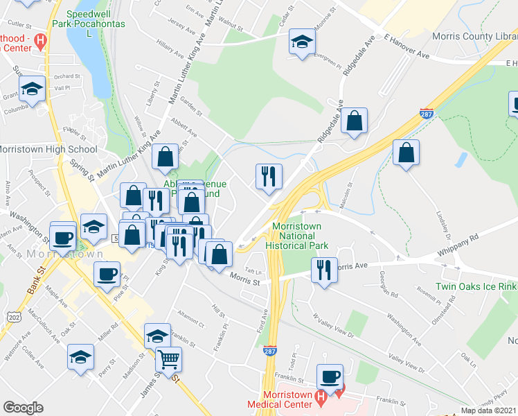 map of restaurants, bars, coffee shops, grocery stores, and more near 53 Ridgedale Avenue in Morristown