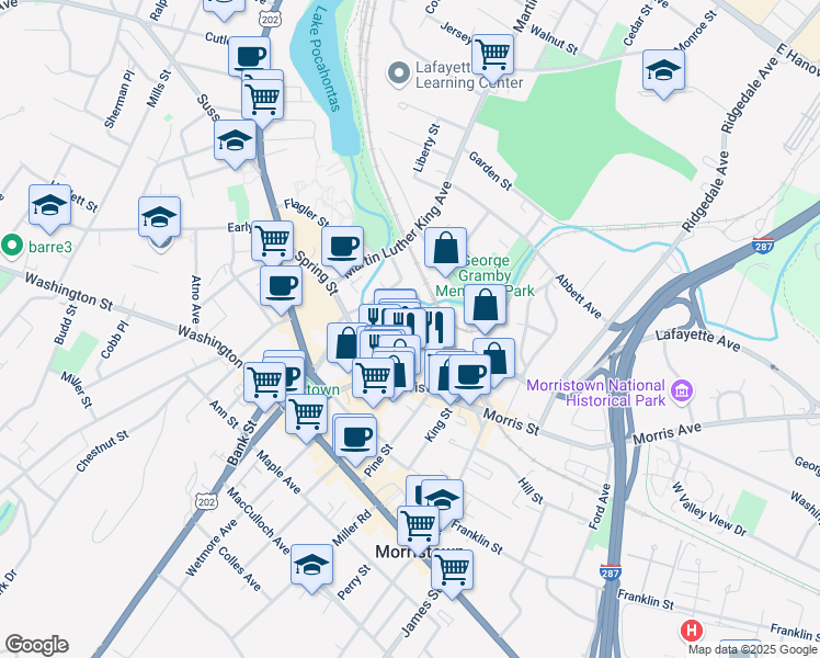map of restaurants, bars, coffee shops, grocery stores, and more near 17 Spring Place in Morristown