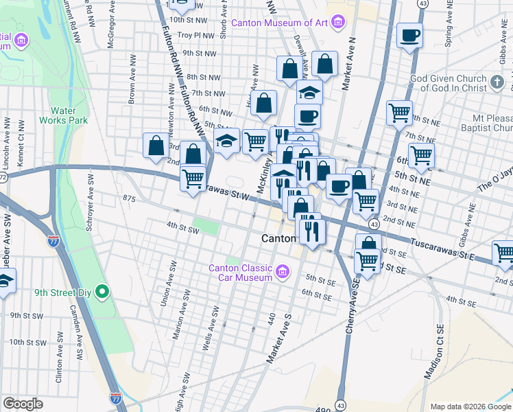 map of restaurants, bars, coffee shops, grocery stores, and more near in North Canton