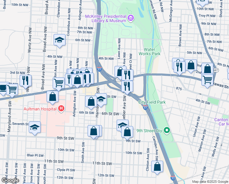 map of restaurants, bars, coffee shops, grocery stores, and more near 201 Park Avenue Northwest in Canton