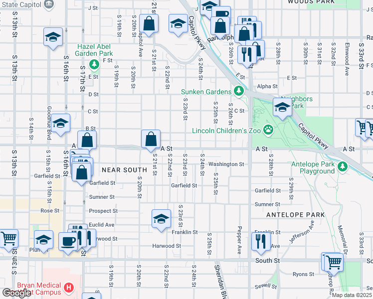 map of restaurants, bars, coffee shops, grocery stores, and more near 2227 A Street in Lincoln