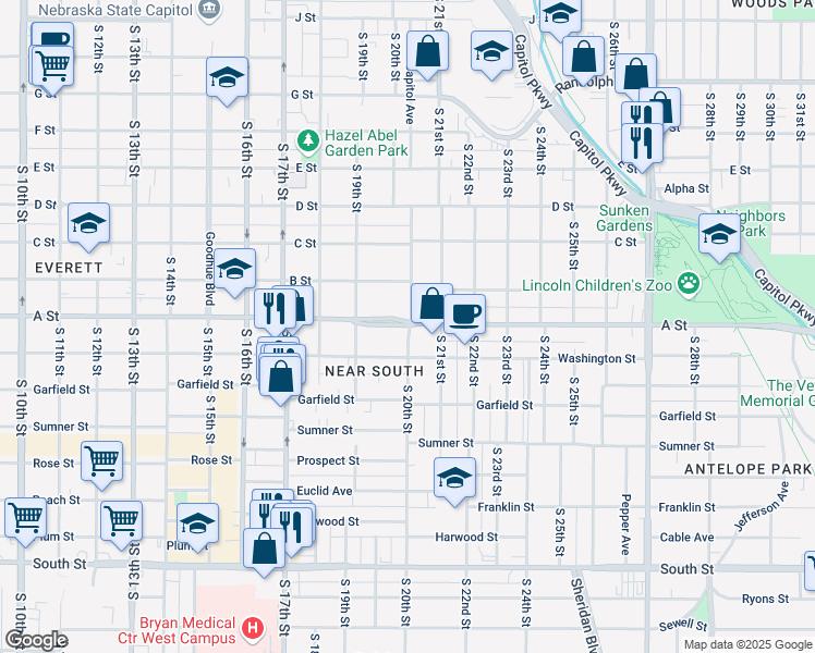 map of restaurants, bars, coffee shops, grocery stores, and more near 1418 South 20th Street in Lincoln
