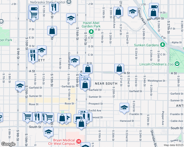 map of restaurants, bars, coffee shops, grocery stores, and more near 1717 A Street in Lincoln
