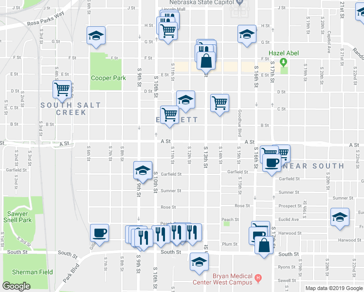 map of restaurants, bars, coffee shops, grocery stores, and more near 1124 Washington Street in Lincoln