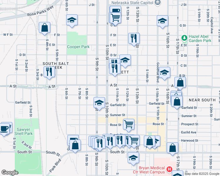 map of restaurants, bars, coffee shops, grocery stores, and more near 1020 Washington Street in Lincoln