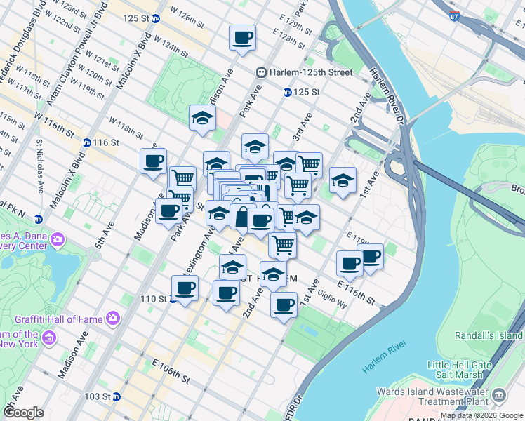 map of restaurants, bars, coffee shops, grocery stores, and more near in New York