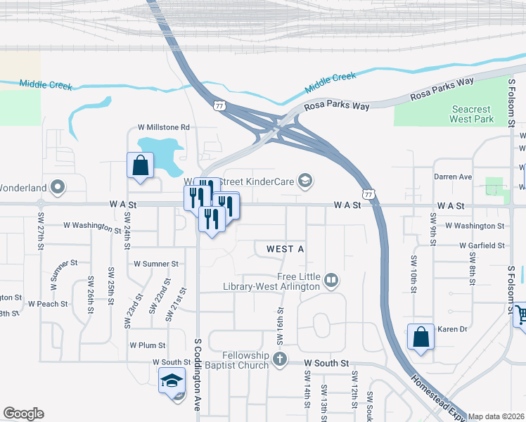 map of restaurants, bars, coffee shops, grocery stores, and more near 1632 West Washington Street in Lincoln