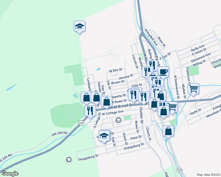 map of restaurants, bars, coffee shops, grocery stores, and more near 269 Clay Street in Tamaqua