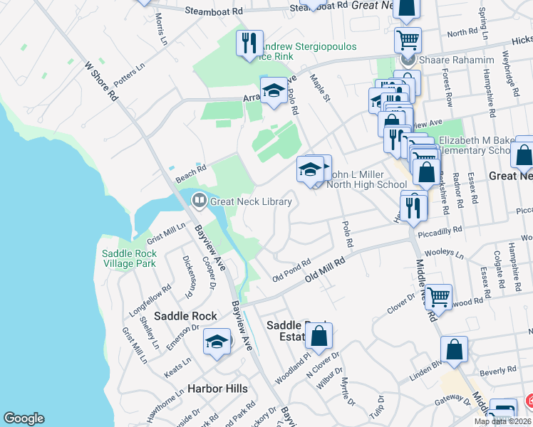 map of restaurants, bars, coffee shops, grocery stores, and more near 71 Old Pond Road in Great Neck