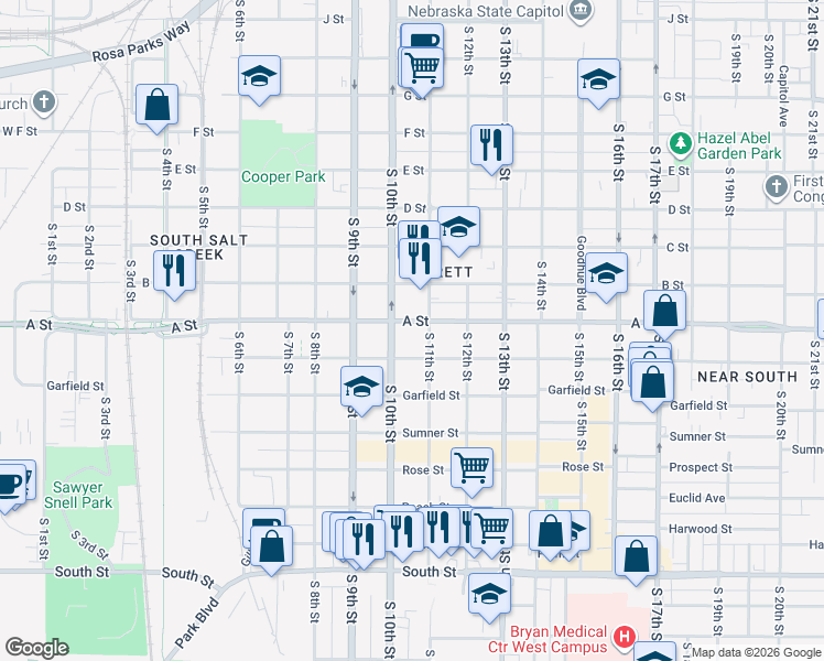 map of restaurants, bars, coffee shops, grocery stores, and more near 1020 Washington Street in Lincoln