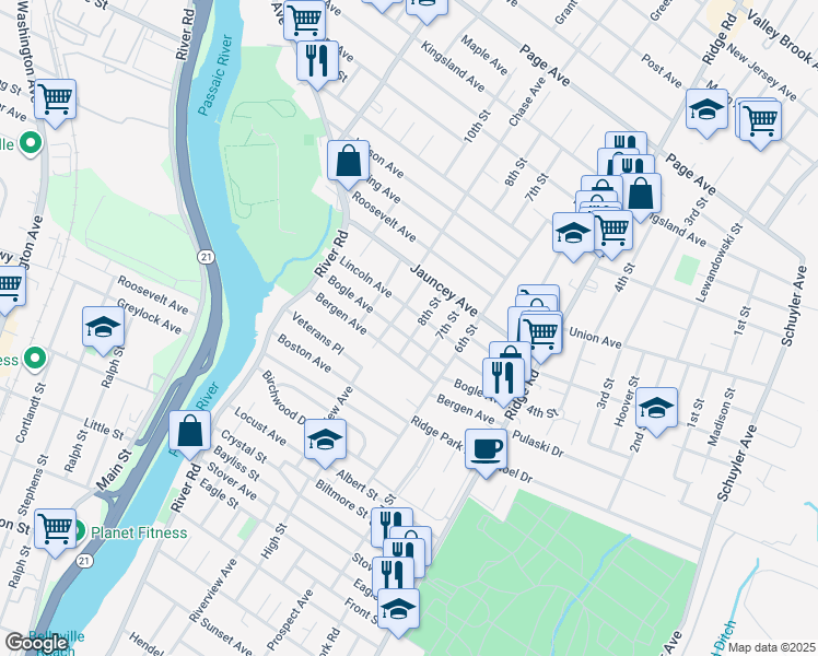 map of restaurants, bars, coffee shops, grocery stores, and more near 48 8th Street in North Arlington