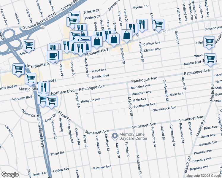 map of restaurants, bars, coffee shops, grocery stores, and more near 35 Moriches Avenue in Mastic