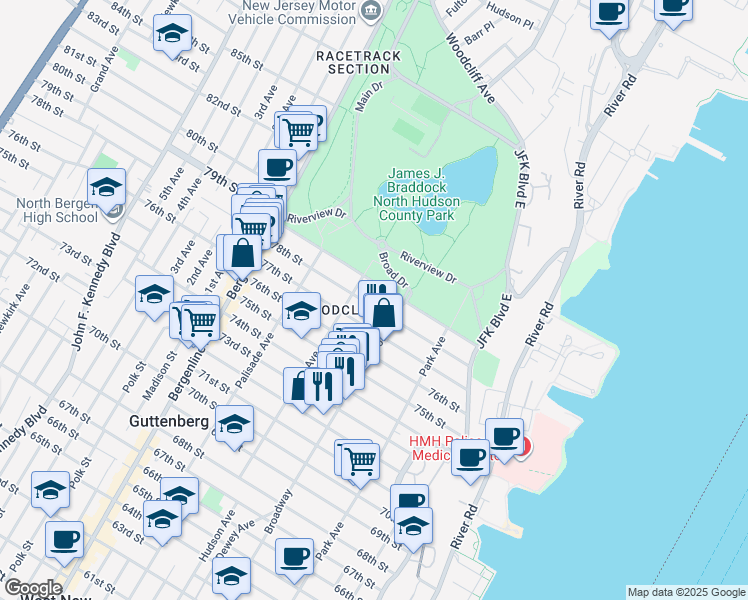 map of restaurants, bars, coffee shops, grocery stores, and more near 217 78th Street in North Bergen