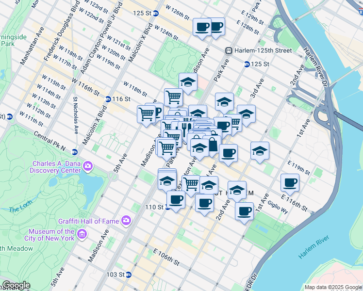 map of restaurants, bars, coffee shops, grocery stores, and more near 109 East 116th Street in New York