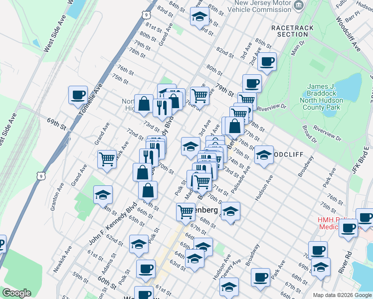 map of restaurants, bars, coffee shops, grocery stores, and more near 7106 Adams Street in North Bergen