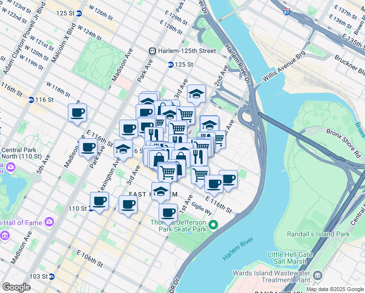 map of restaurants, bars, coffee shops, grocery stores, and more near 2nd Ave & E 119th St in New York