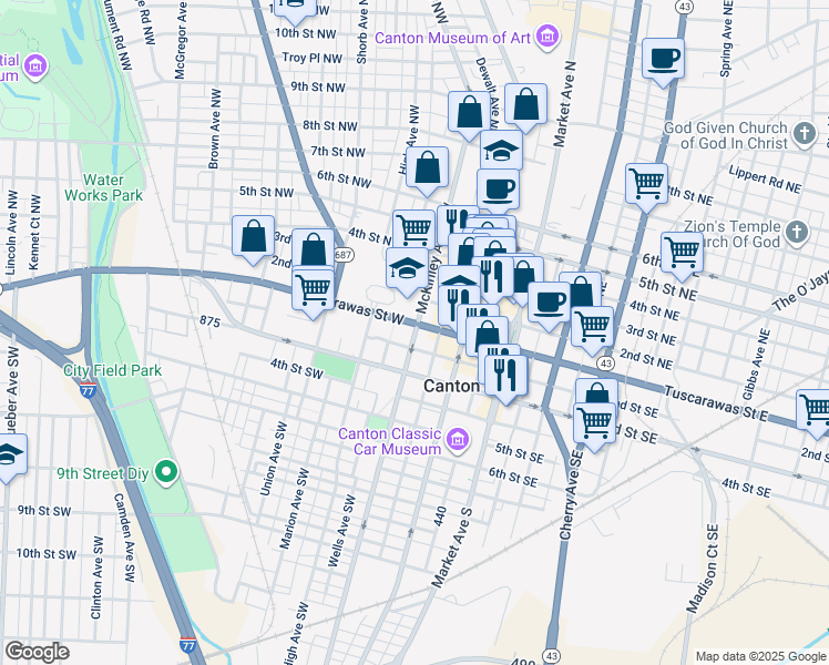 map of restaurants, bars, coffee shops, grocery stores, and more near in Canton