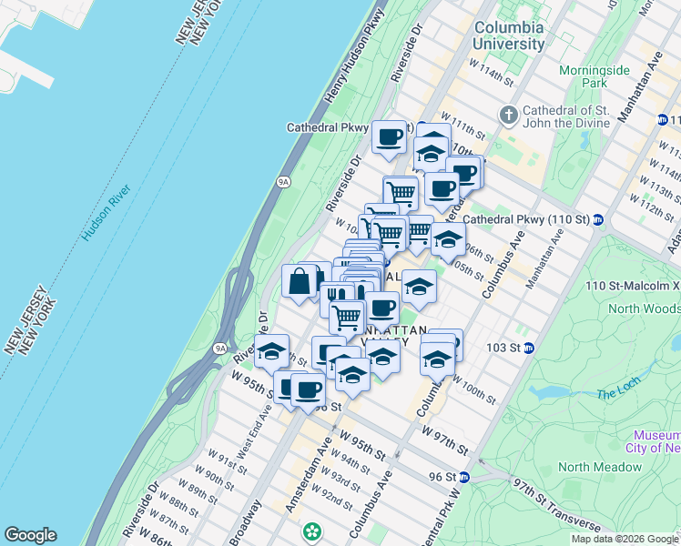 map of restaurants, bars, coffee shops, grocery stores, and more near 845 West End Avenue in New York