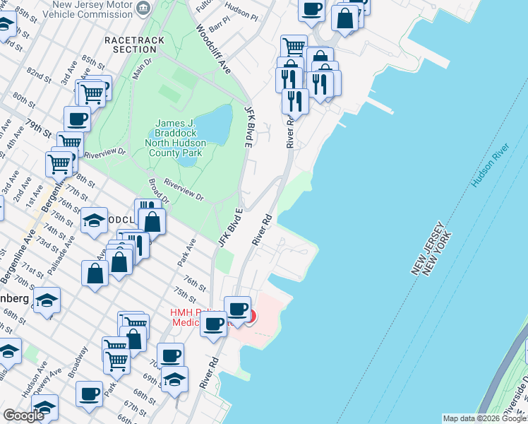 map of restaurants, bars, coffee shops, grocery stores, and more near 12760 River Road in North Bergen
